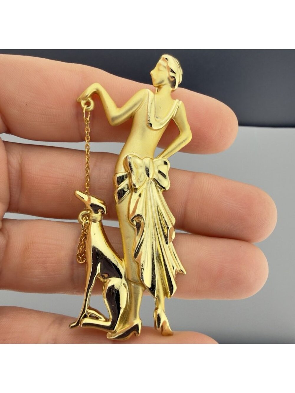 Antique Art Deco Lady Walking Dog Brooch Pin Gold Tone Flapper 1920s